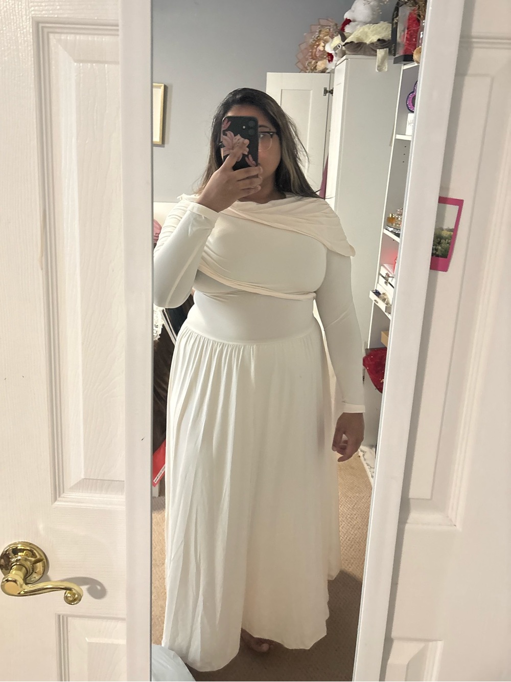 Cream Long-Sleeve Maxi Dress with Draped Shoulder